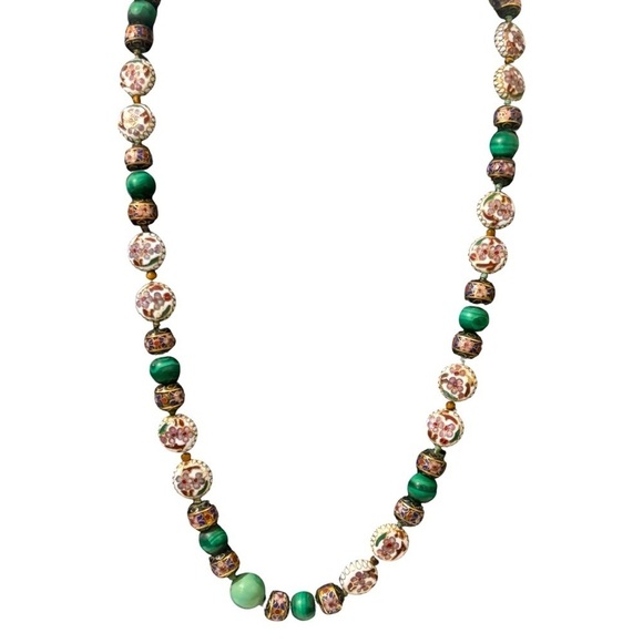 Fabulous Vintage chinese Cloisonné and malachite long necklace - Picture 1 of 8